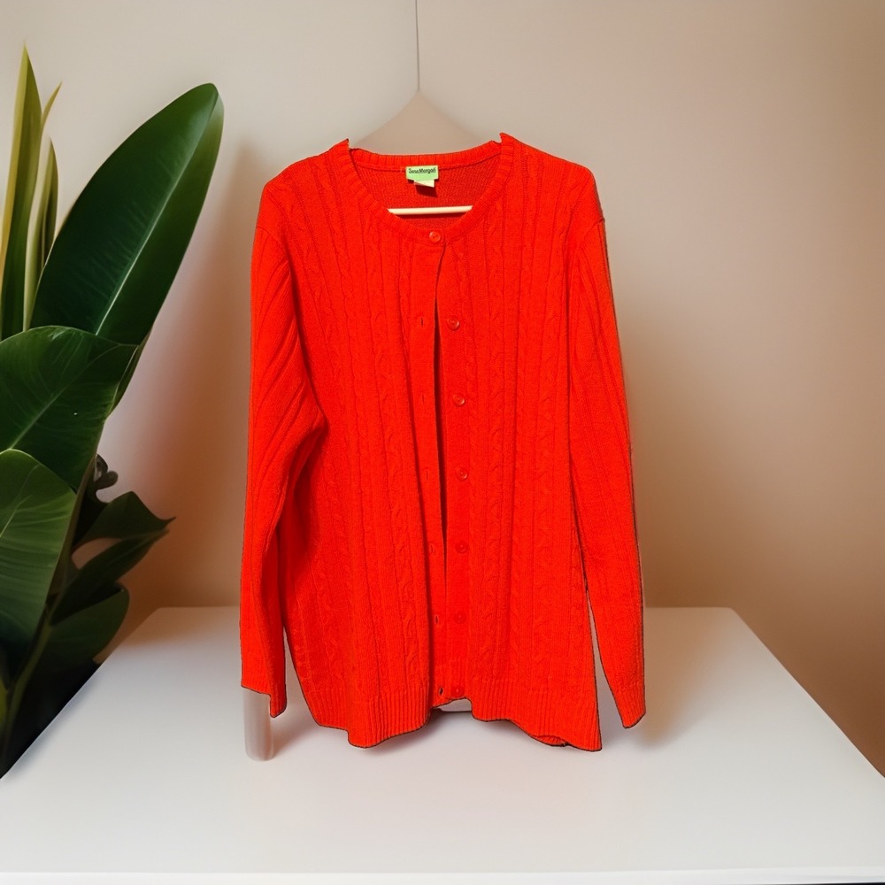 Sara Morgan Preppy Old Money Teacher Core Red Cable Knit Cardigan Sweater Sz XXL